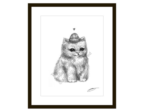 Fat Little Cat Sketch Drawing Illustration 8 5 X 11 Black Etsy