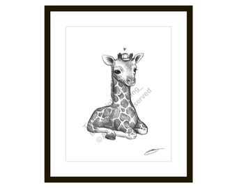 Fat Little Giraffe  - Sketch Illustration - 8.5 x 11 Black and White Animal Art Print