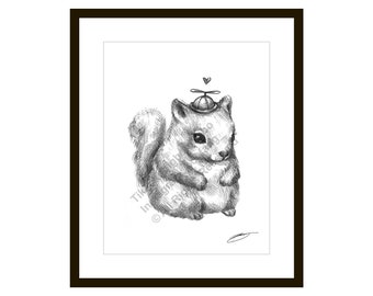 Fat Little Squirrel Art Print – Black and White Sketch Illustration (8.5x11)