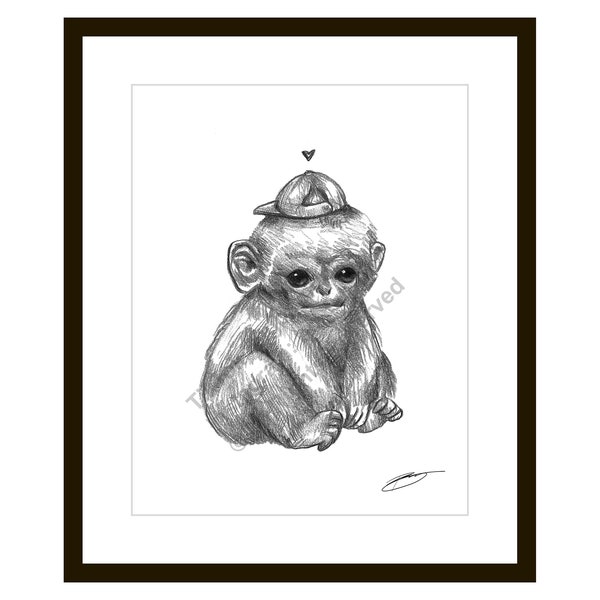 Fat Little Monkey - Ilustración de bocetos - 8.5 x 11 negro y blanco Animal Art Print