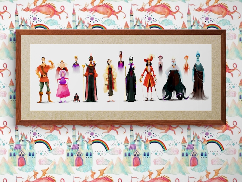 May include: A framed print with watercolour illustrations of Disney villains. The characters are shown in full-body poses, displaying their unique costumes and expressions. The frame is brown, and the background is a patterned wallpaper with castles and dragons.