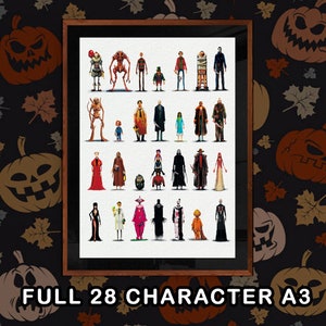 May include: A full color print of 28 horror movie characters, including Freddy Krueger, Jason Voorhees, Michael Myers, and Chucky. The print is framed in a brown wood frame and is labeled "FULL 28 CHARACTER A3".