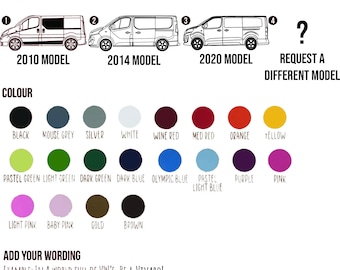 May include: A customisable design template for a van, featuring three different model years: 2010, 2014, and 2020. The template allows you to choose from a variety of colours for the van, including black, mouse grey, silver, white, wine red, med red, orange, yellow, pastel green, light green, dark green, dark blue, olympic blue, pastel light blue, purple, pink, light pink, baby pink, gold, and brown. The template also includes an area for adding your own wording, with an example provided: "In a world full of VW's, be a Vivaro!"