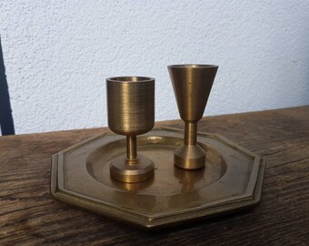 2 Handmade Brass Goblets with the Plate, Small Massive Brass Goblets with the plate, Vintage Miniature brass glasses