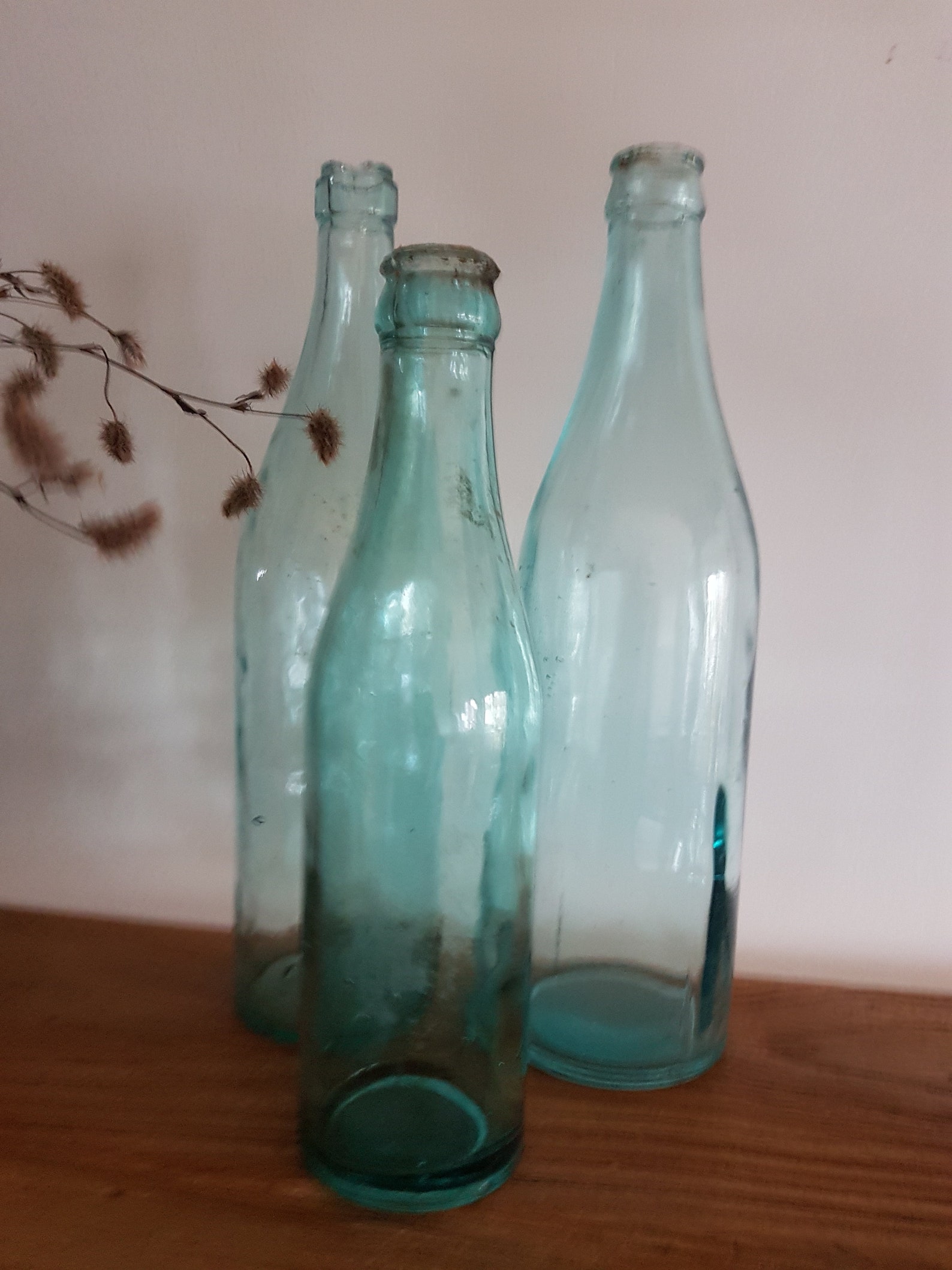 Lot of 3 old aqua glass bottles Vintage turquoise Etsy