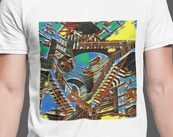 Funky Escher Stairs - Cool Design T-Shirt, Unisex, Artwork, Top Quality, Fitted, Bella + Canvas 3001
