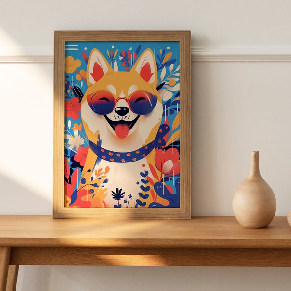 Smiling Shiba Dog - Retro Digital Print for Home Decor - Dog Portrait in Flat Art Style - Instant Download - Printable