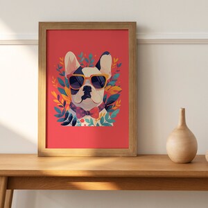 May include: A framed illustration of a French bulldog wearing sunglasses and a bow tie, surrounded by colorful leaves on a red background.
