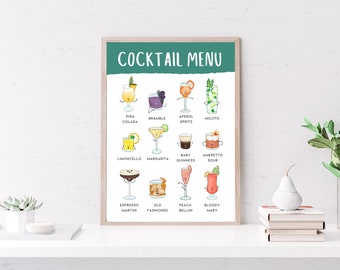 Cocktail Menu Poster: Illustrated Drinks, Home Bar Art (A3 A4)