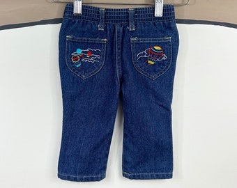 Vintage Chalk Duster Denim Jeans Embroidered Hot Air Balloon Pockets 12MO