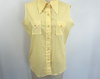 Vintage 60's Buttercup Yellow Sleeveless Button Down Collared Tank Blouse - Large - HOV00TRH