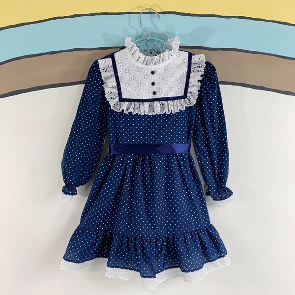 Vintage 80's Navy Blue & White Polka Dot Print Victorian Style Party Dress by Sears - Size 5 - HOVK0558
