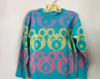Super Cute Vintage 80's Acrylic Knit Pastel Teddy Bear Sweater - Size 5 - HOVK0084