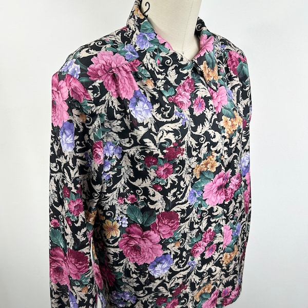 Vintage 80's Victorian Floral Print Silky Polyester Blouse by Copy-Cats - Large - HOV0523