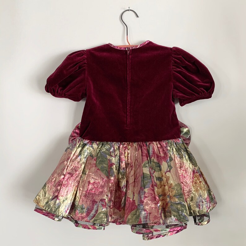 Vintage Crushed Velvet Metallic Floral Print Party Dress with Bows /& Ruffles Skirt 3T HOVK0081