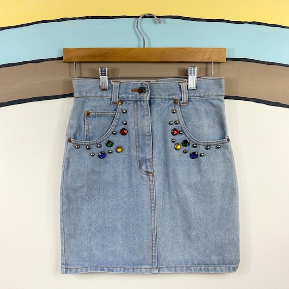 Vintage 80's Bonjour Bedazzled Denim Jean Skirt