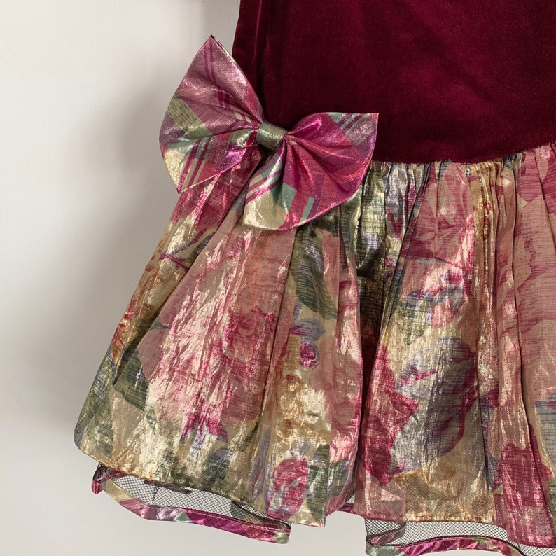 Vintage Crushed Velvet Metallic Floral Print Party Dress with Bows /& Ruffles Skirt 3T HOVK0081