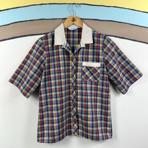 Vintage 70's Sears Colorful Checkered Print Short Sleeve Button Up Collared Pocket Blouse