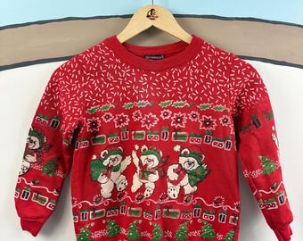 Vintage 1989 V.K.C. Christmas Puffy Bear Pullover Crewneck Glitter Sparkle Sweatshirt by Outrageous Kids - Kiddo Size 10/12