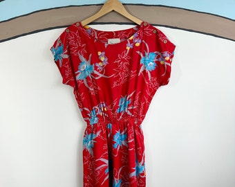 Vintage 80's Vibrant Red Tropical Print Romper by Shipwrecked - Large - HOV0521