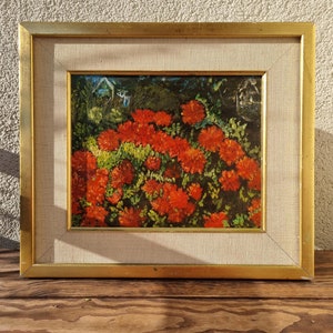 Cuadro sueco original, flores rojas, jardín verde expresivo, años 70