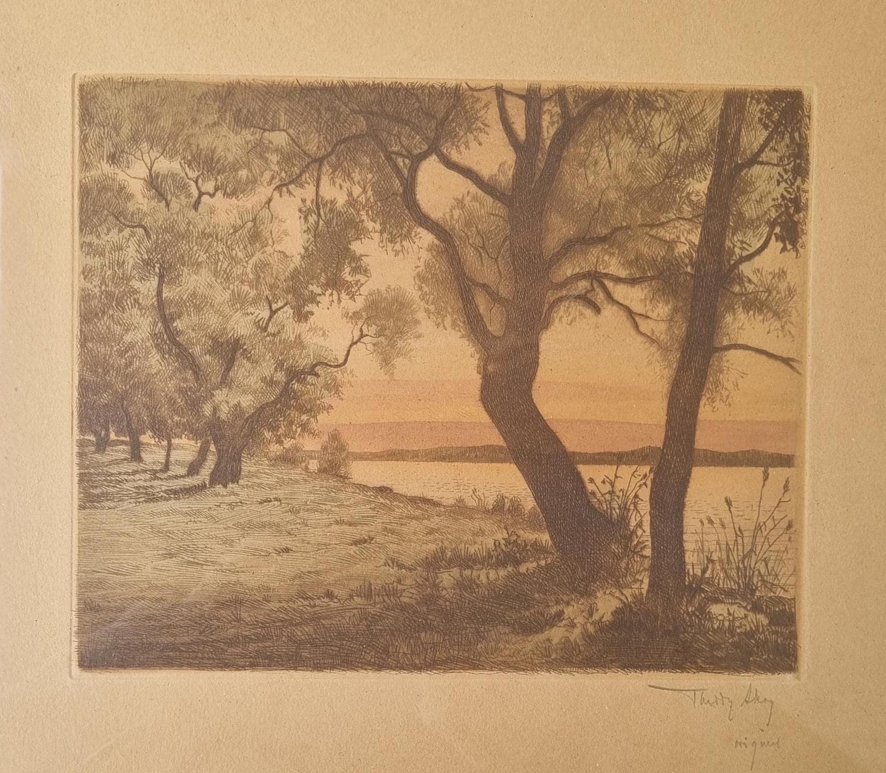 オリジナルのアンティークセリグラフ、夜景、署名入り、1920年代