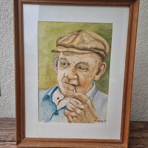 Retrato vintage de Suecia, abuelo con pipa, firmado y fechado, 77