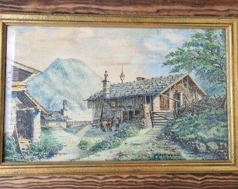 Origineel aquarel schilderij van een Italiaans boerenlandschap uit de jaren 1940 | Gesigneerd E. Dorigo Vintage plattelandsmuurdecoratie
