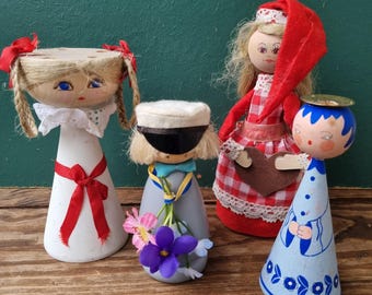 Wooden Folk Art Dolls Swedish Christmas Figurines Hand Carved Wood