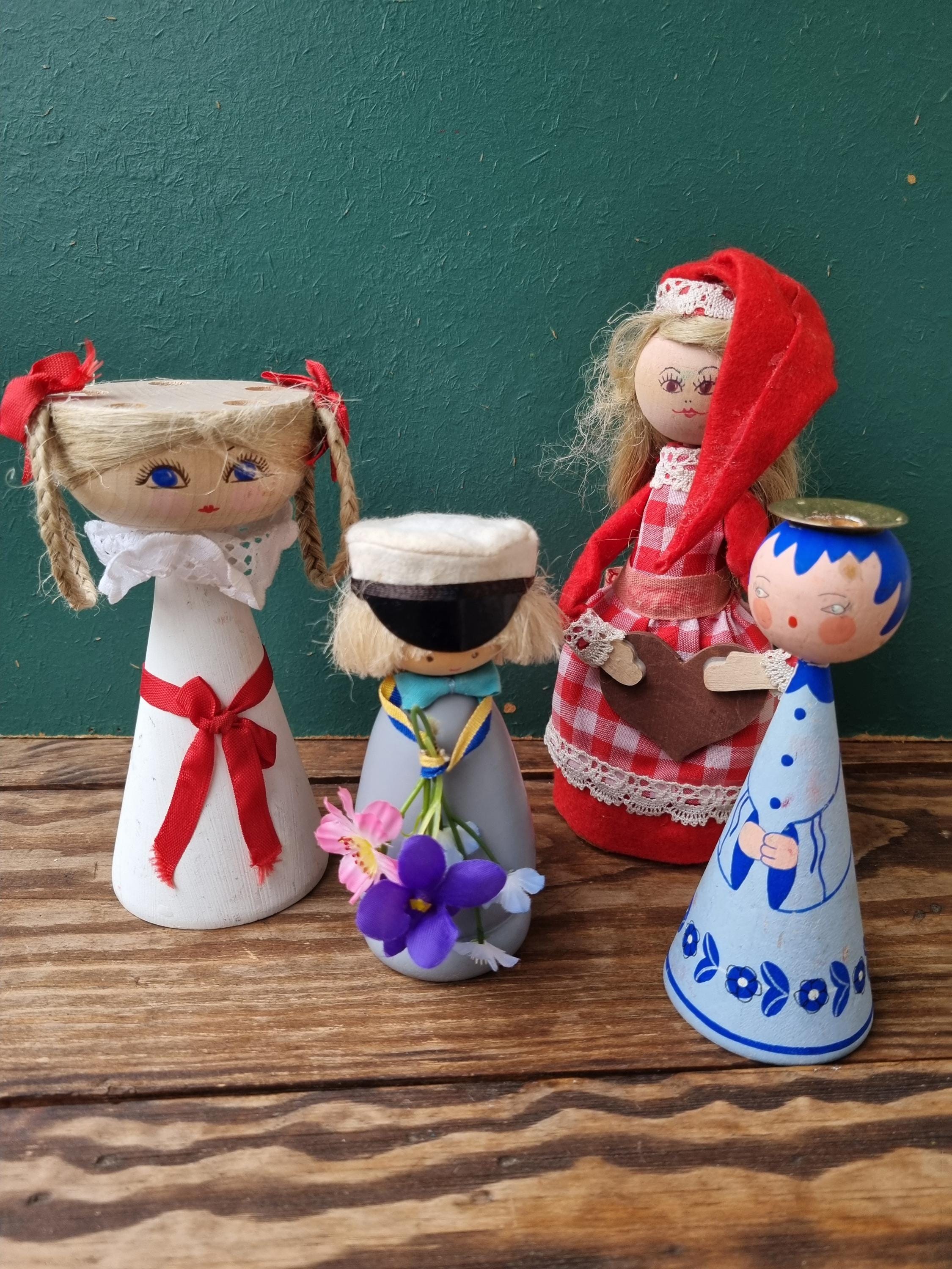 Wooden Folk Art Dolls Swedish Christmas Figurines Hand Carved Wood