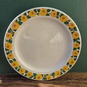 Puede incluir: Un plato de cerámica blanco con un diseño en espiral en el centro. El borde está decorado con un patrón repetido de flores amarillas con centros marrones y hojas verdes. El plato está sobre un fondo verde oscuro.