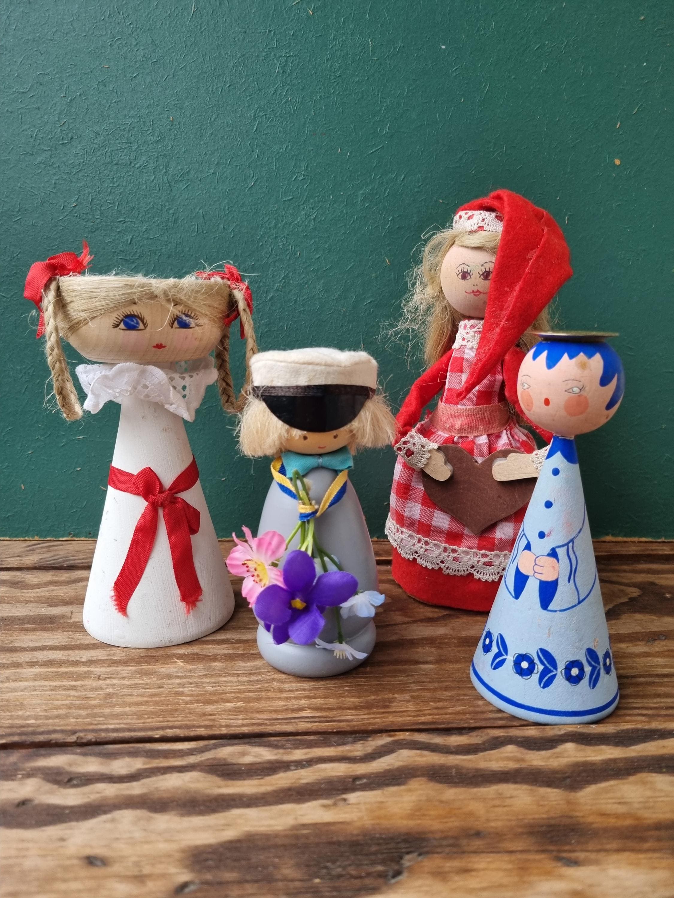 Wooden Folk Art Dolls Swedish Christmas Figurines Hand Carved Wood