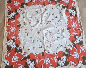 Vintage Finlayson Finland Floral Cotton Tablecloth- Square Orange and Beige 1970s
