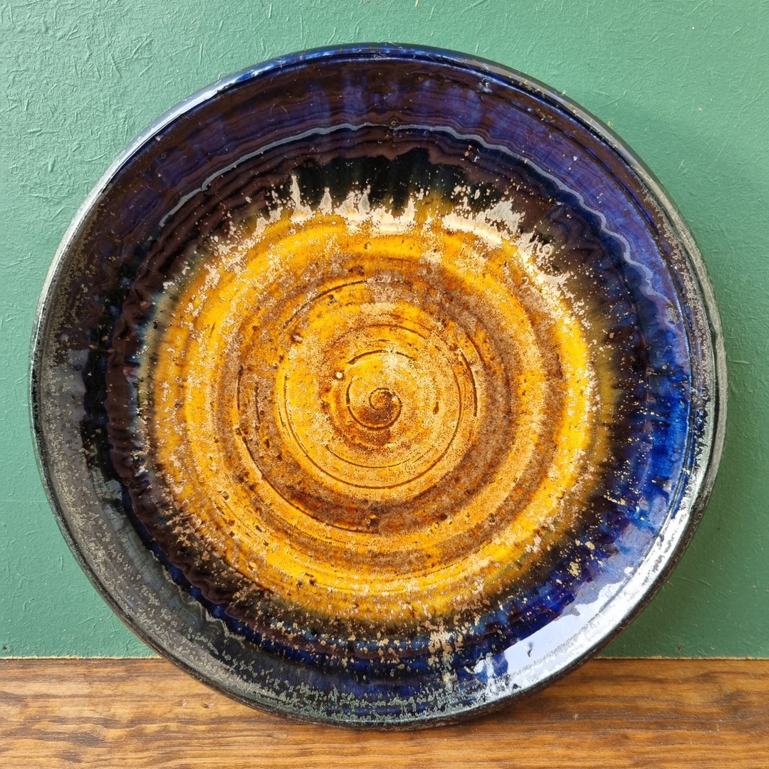 Vintage Ceramic Plate, Denmark 1970s, Modernist Form, Rich Blue Color