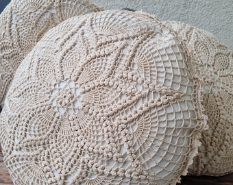 Set of 3 Vintage Round Pillows, hand crocheted cotton lace covers