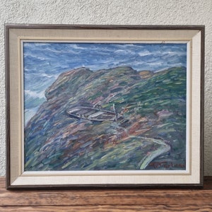 Bateau, paysage côtier, Huile sur carton, artiste suédois Gunnar Nerlund, années 67
