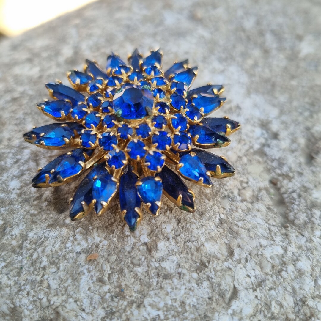 Royal Blue Rhinestones Flower Brooch, Vintage Costume Jewelry Etsy