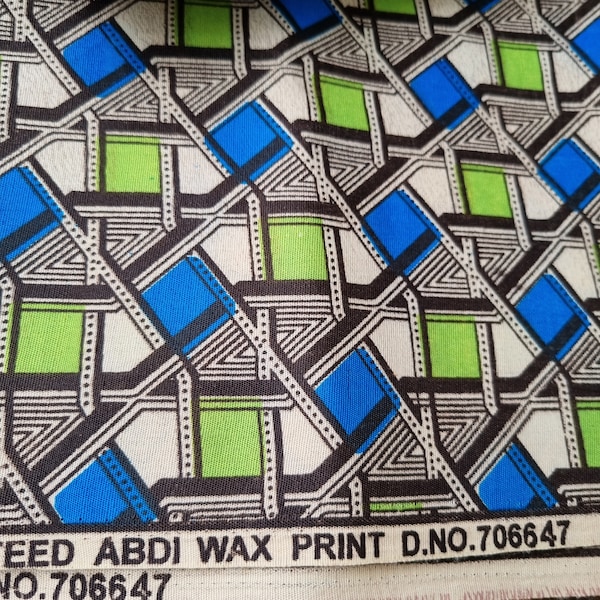 Imprimé wax Abdi, tissu imprimé africain vintage, géométrique bleu/vert, 3 mètres