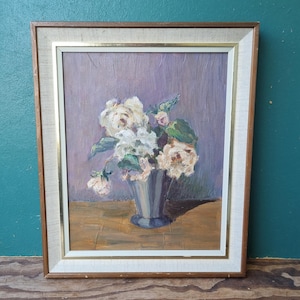 Flores en jarrón, pintura sueca original de los años 70, Rosa en el jarrón, pintura al óleo original