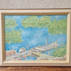 Bateau, paysage côtier, Huile sur carton, artiste suédois Gunnar Nerlund, années 67