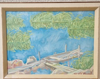 Original Swedish painting by Gunnar Nerlund , coastal landscape, Oil on cardboard 67s