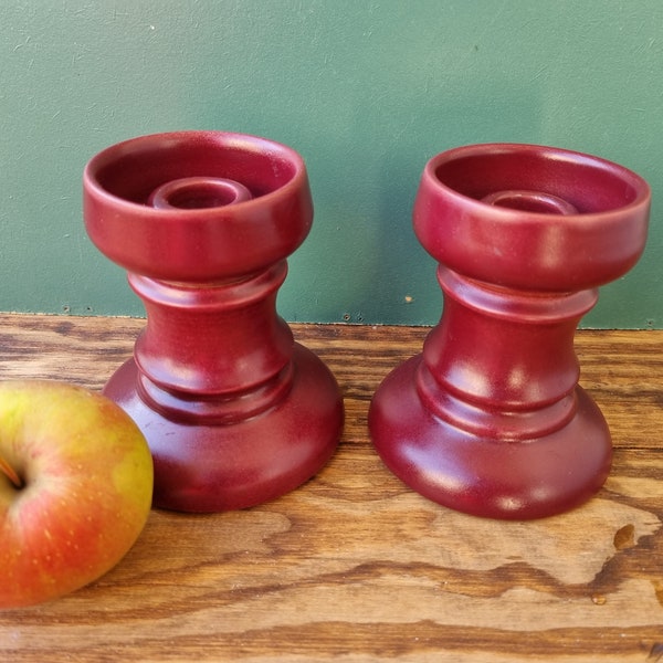 Burgundy Stoneware Candlesticks vintage Pair Skandinavien Sweden Vintage