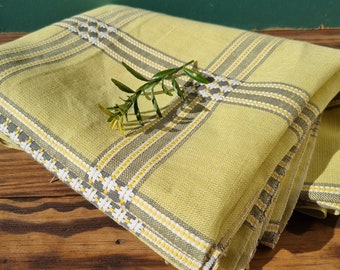 Vintage Swedish tablecloth, soft yellow with green accent, handwoven