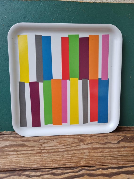 IKEA Melamin Tablett 1990er Jahre | Farbblock geometrisches Muster | Regenbogen Pop Art Servierplatte