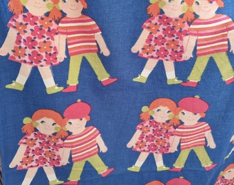 Vintage 1970s Swedish Childrens Fabric Blue Cotton Retro Kids Print Window Treatment Curtain