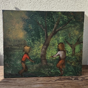 Fulvio Pentassuglia Oil Painting, Children Forest Scene, Mid Century Scandinavian Figurative Art