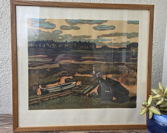 Linograbado soviético original de la década de 1970 de S. Snatkin - Grabado en linóleo antiguo: Barcos en un lago