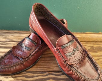 Włoskie skórzane mokasyny typu penny w stylu vintage, czerwono-brązowe, rozmiar US 9,5