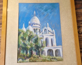 Vintage Montmartre Paris Pastel Painting- Signed Sacre Coeur Church Wall Art- French Street Scene