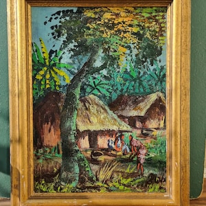 Dipinto post-impressionista d'epoca Dipinto ad olio vintage di un villaggio africano